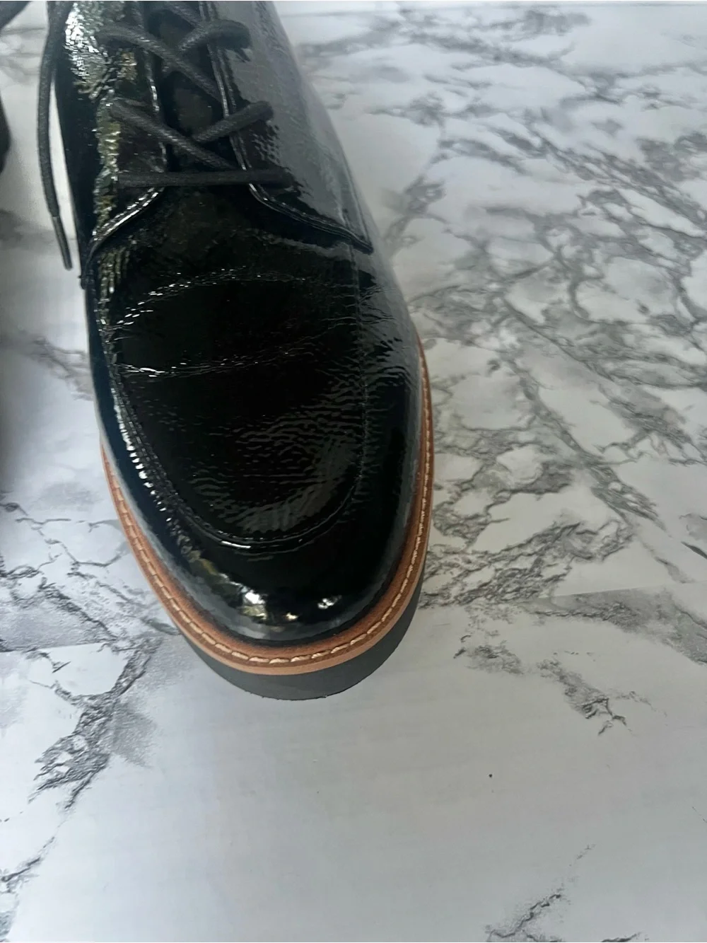 Franco Sarto Charles Black Patent Derby Lug Sole Shoe 11 Preppy Quiet Luxury